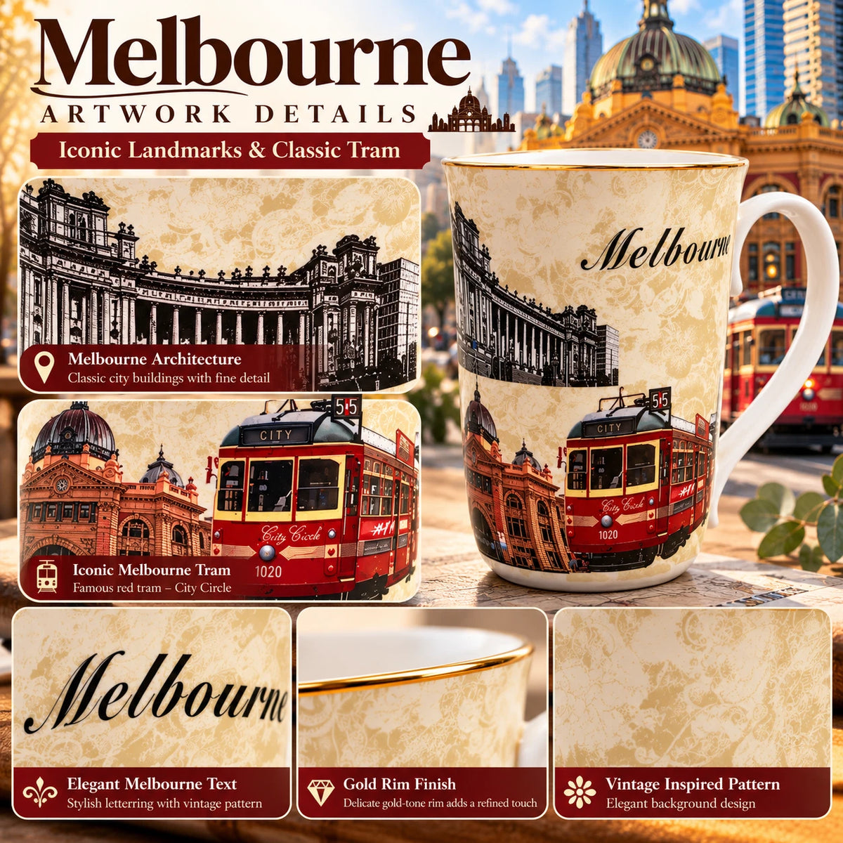 1-6x Melbourne Australia Souvenir Coffee Mug 405ml Fine China Tea Cup Gift Boxed