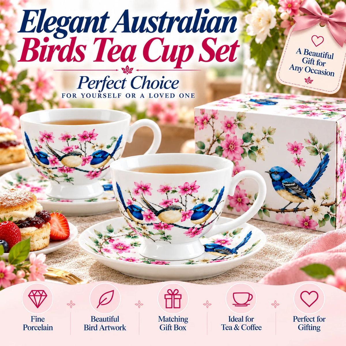 Set of 2 Cups & Saucers 250cc Australian Blue Wren Bird Fine Porcelain Gift Box