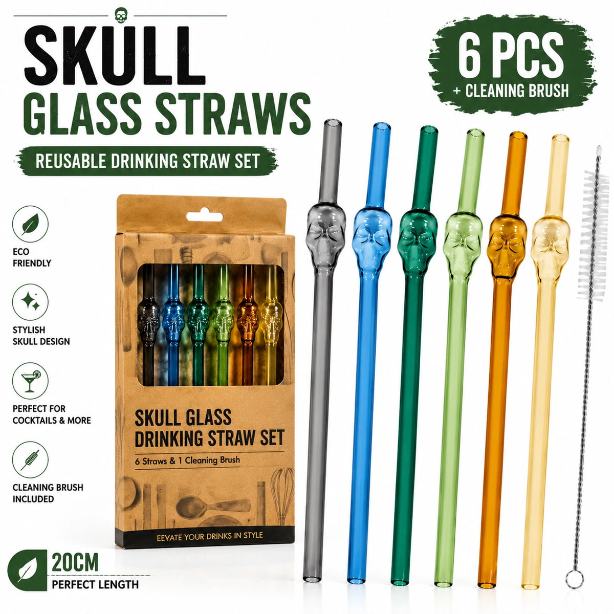 6PCS Skull Glass Drinking Straws 20cm Reusable Cocktail Barware Cleaning Brush