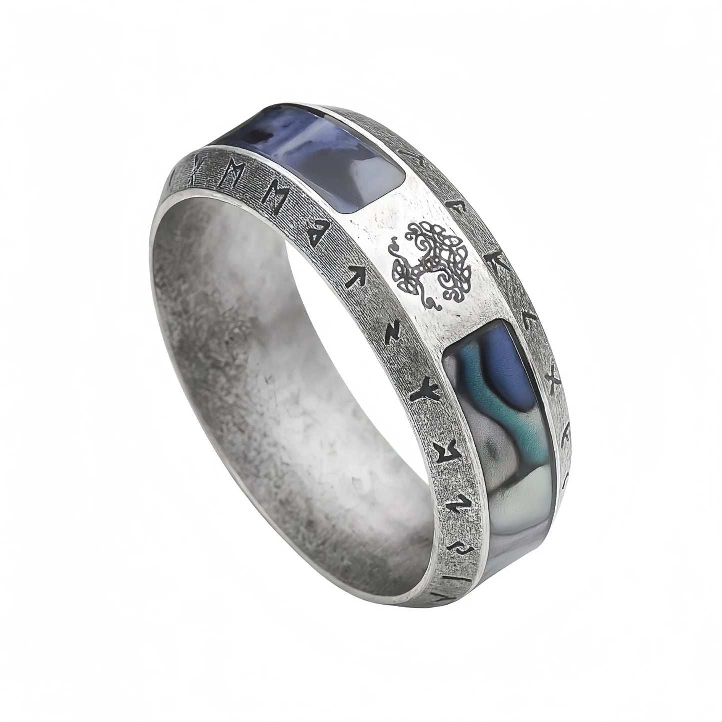 Men Viking Tree of Life Ring Abalone Nordic Engraved Rune Yggdrasil Symbol Band R351