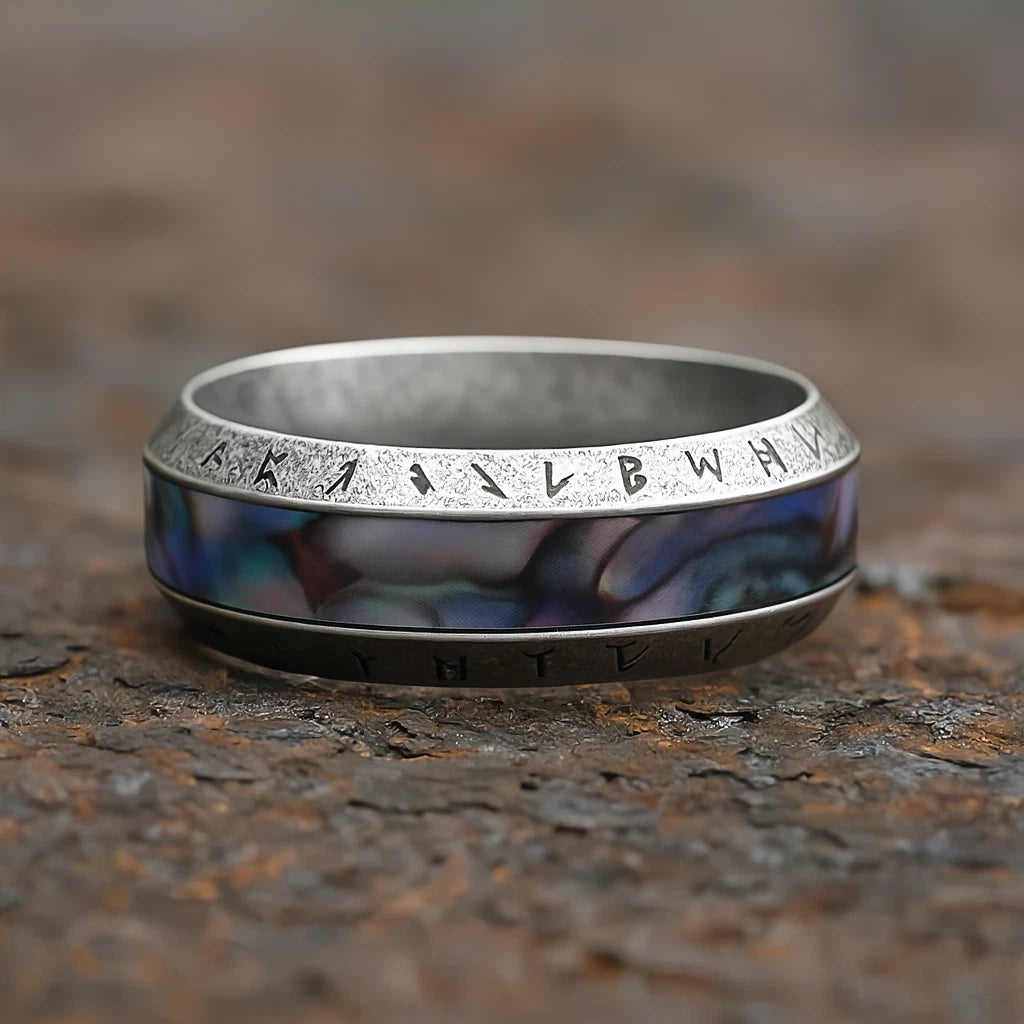 Men Viking Tree of Life Ring Abalone Nordic Engraved Rune Yggdrasil Symbol Band R351