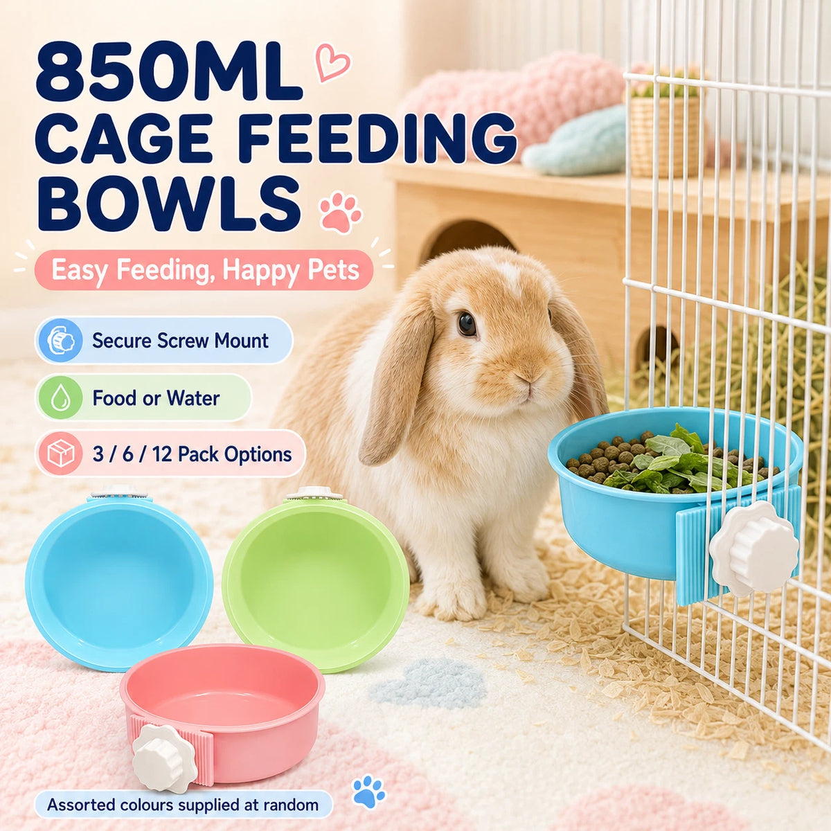 3 x 850ml Cage Hanging Pet Bowl Rabbit Guinea Pig Food Water Feeder Assorted