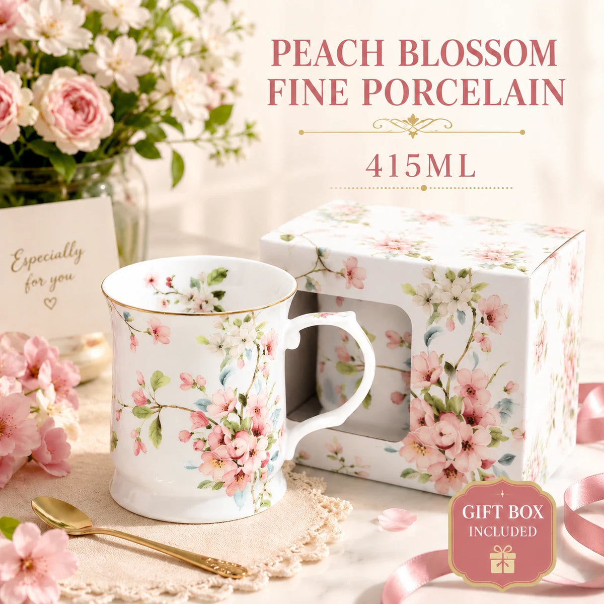 Peach Blossom White Fine Porcelain Mug 415ml Floral Coffee Tea Cup Gift Box 1-6X