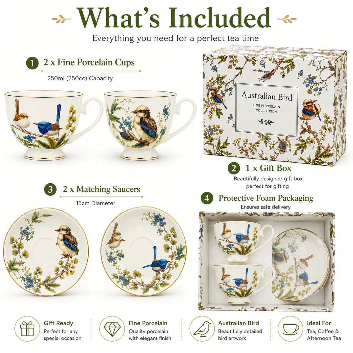Set of 2 Cups & Saucers 250cc Australian Birds Blue Wren Fine Porcelain Gift Box