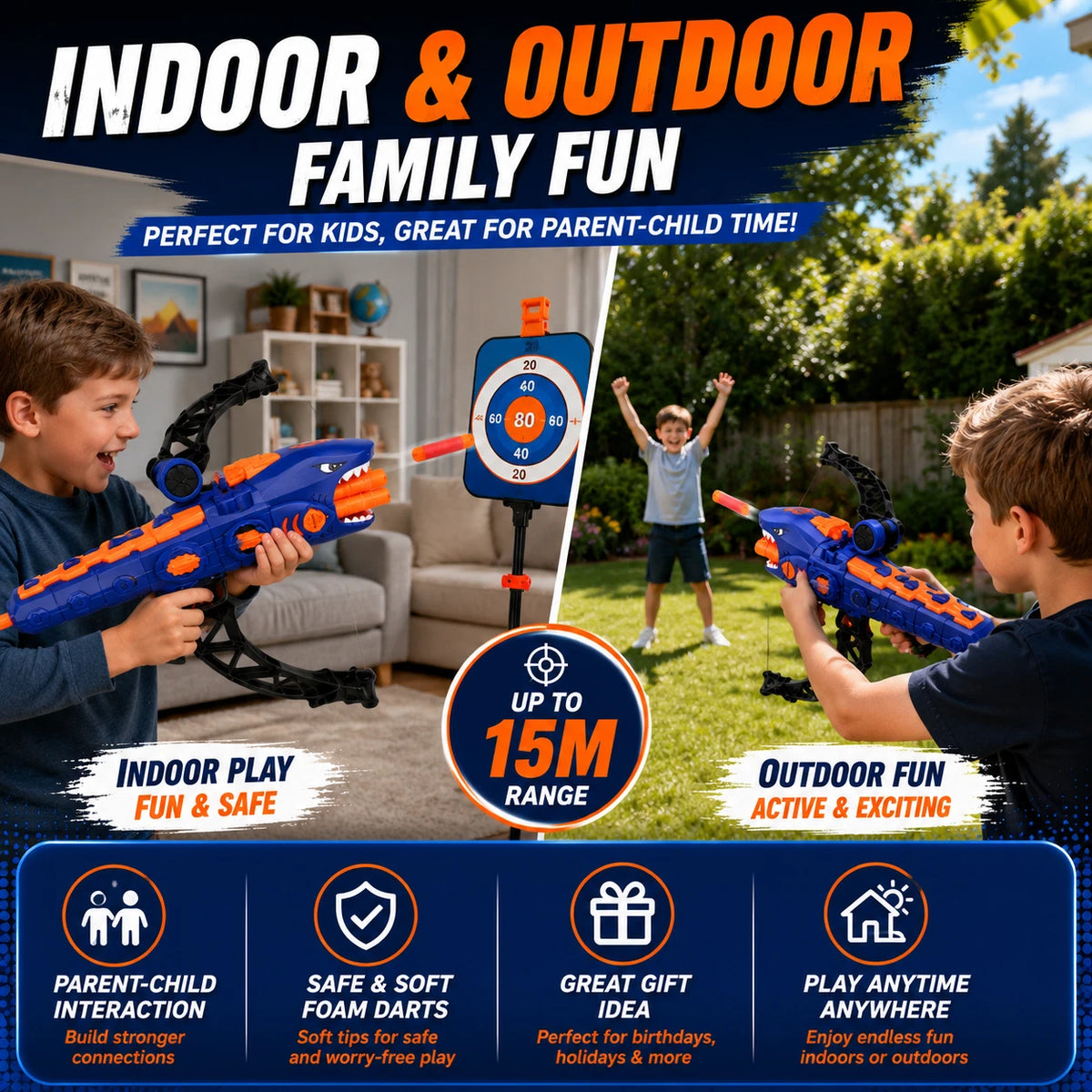 Shark Bow Foam Dart Toy EVA Soft Bullet Launcher 12 Darts Kids Target Game 6+