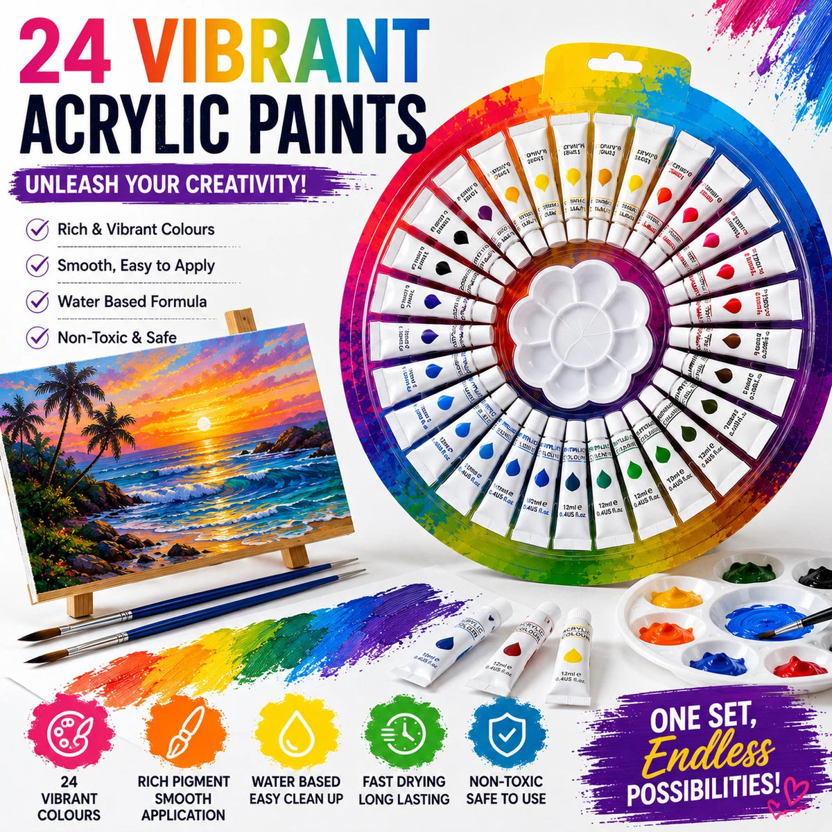 24 Colour Acrylic Paint Set 12ml Tubes with Palette Water Based Art Craft Paint