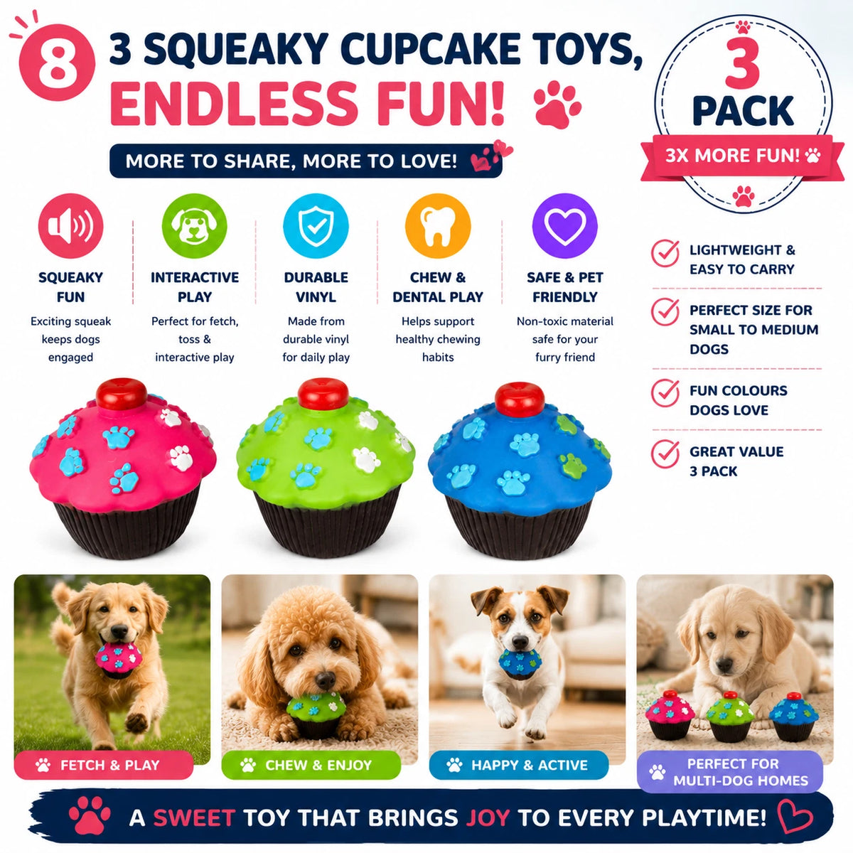 3PCS Dog Squeaky Cupcake Toys Vinyl Chew Puppy Interactive Dental Play Gift 8cm