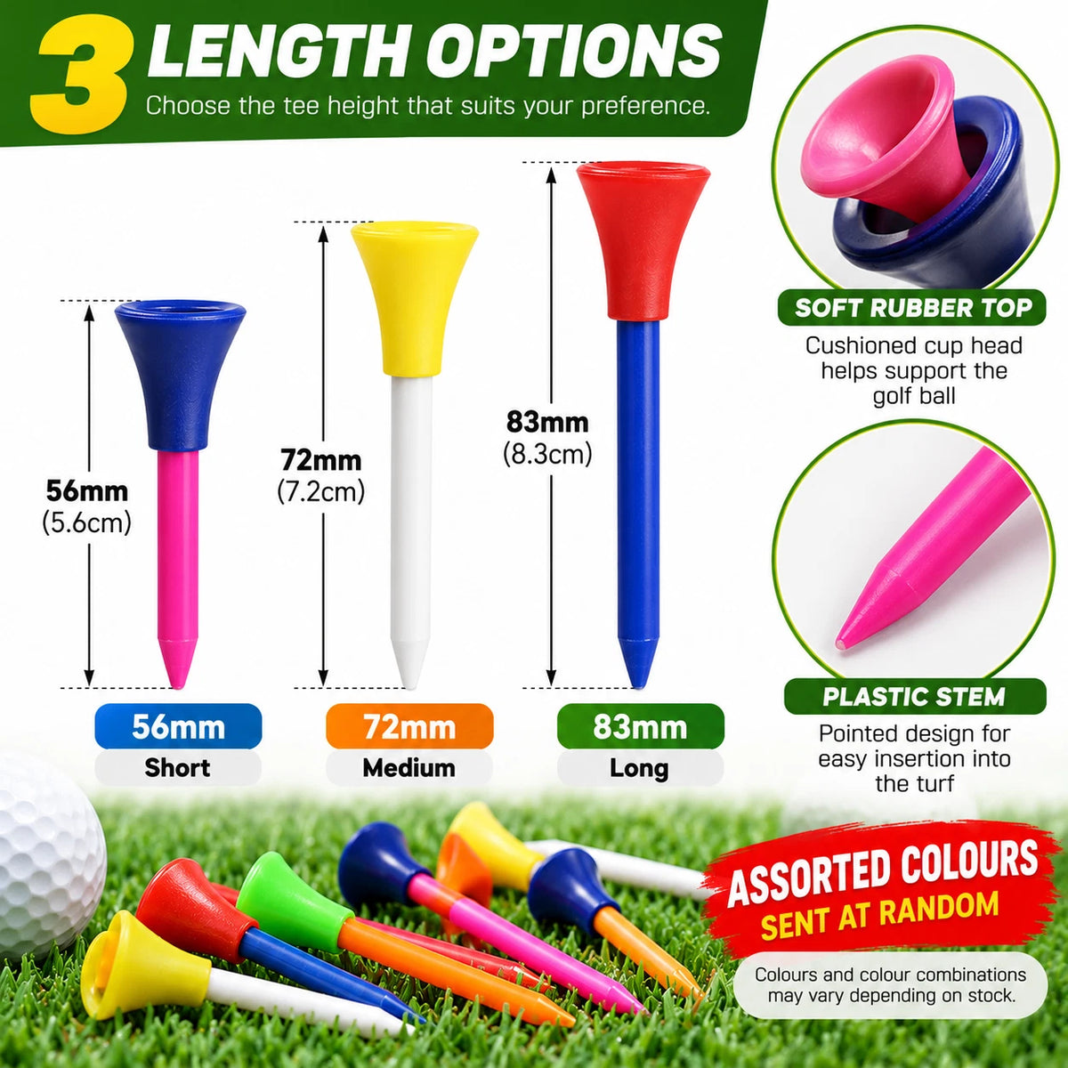 Share Plastic Golf Tees Soft Rubber Top 56/72/83mm Driving Range Assor ...