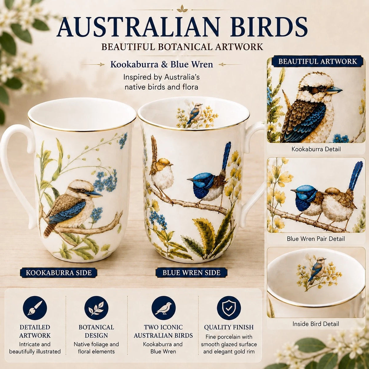 1-6x 405cc Australian Birds Fine Porcelain Mug Kookaburra Blue Wren Coffee Tea Gift