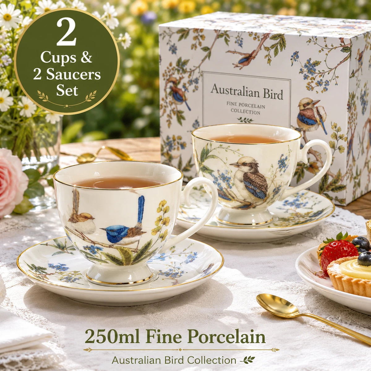 Set of 2 Cups & Saucers 250cc Australian Birds Blue Wren Fine Porcelain Gift Box