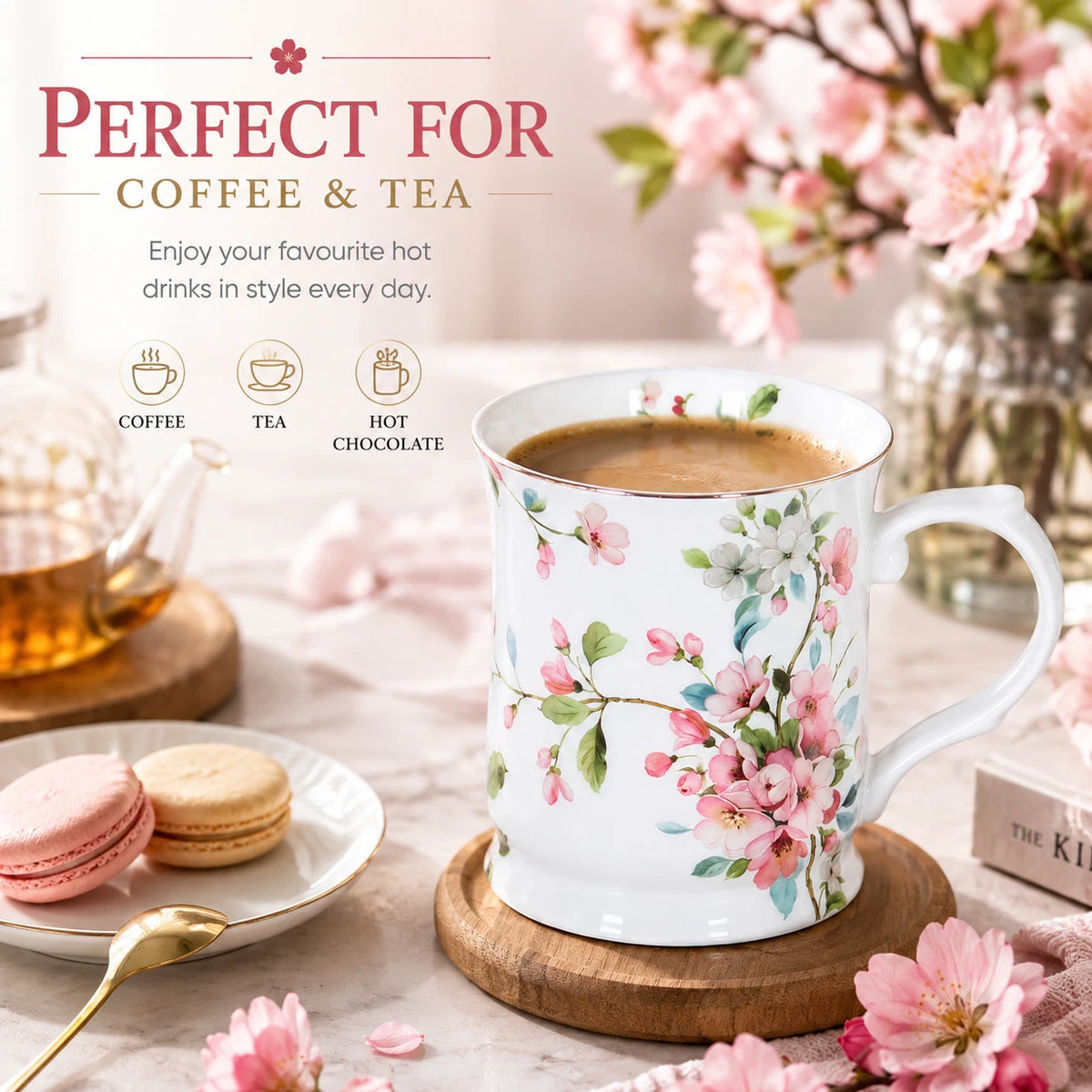 Peach Blossom White Fine Porcelain Mug 415ml Floral Coffee Tea Cup Gift Box 1-6X