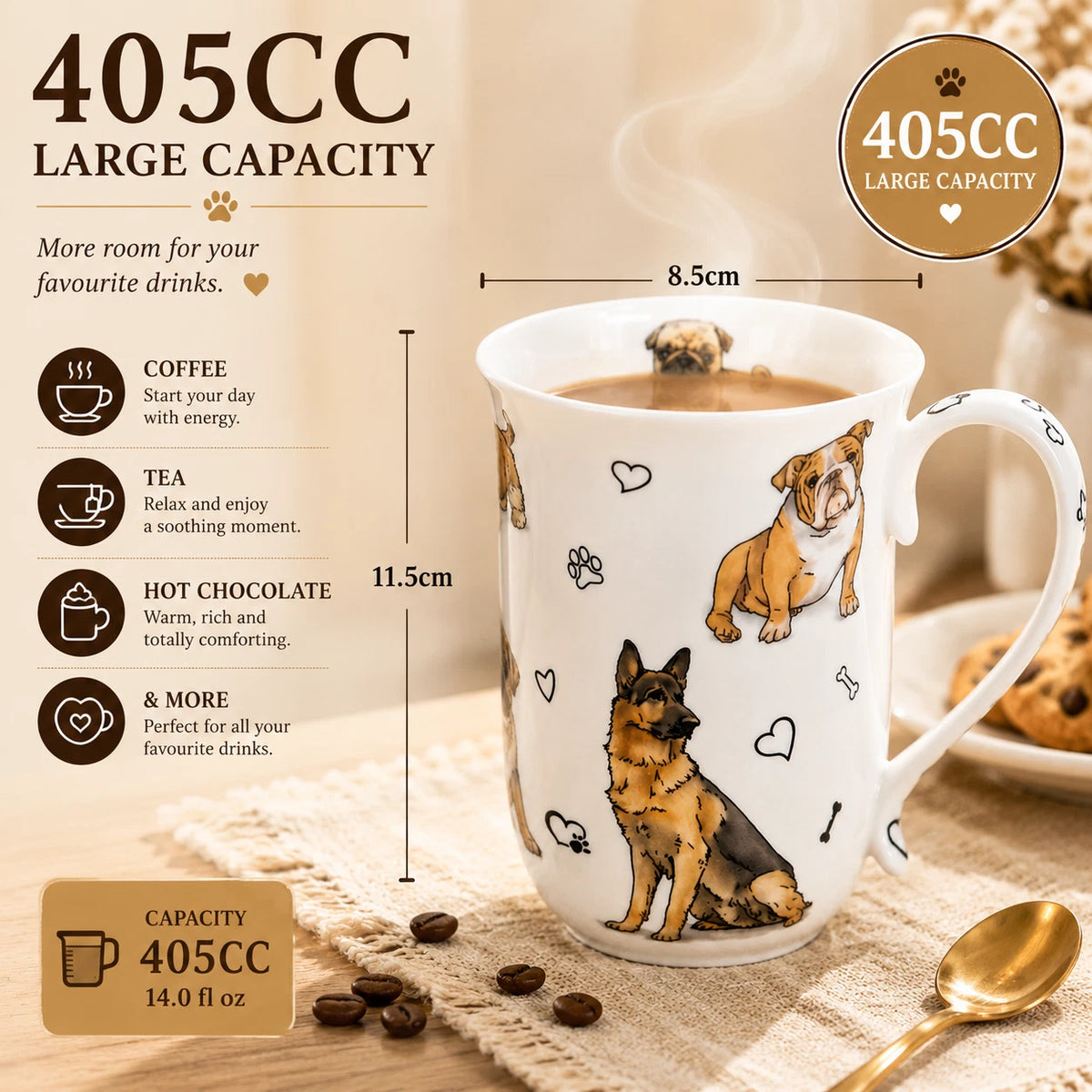 1-6x 405cc Cute Dog Fine Porcelain Mug Coffee Tea Cup Home Decor Gift Box