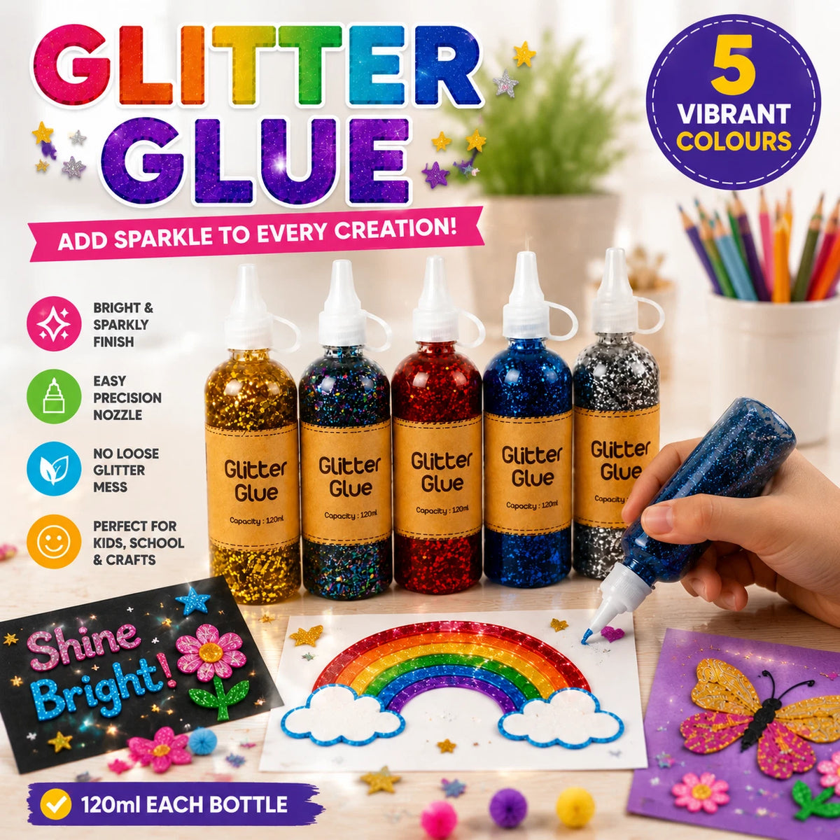 5X Craft Glitter Glue 120ml Coloured Gel Kids Crafts Scrapbooking School Project