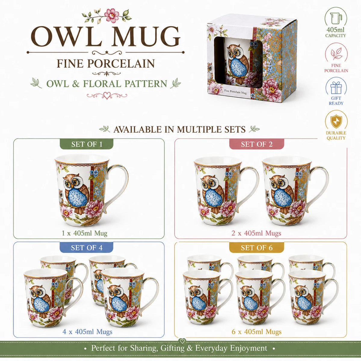 1-6x Owl 405ml Fine Porcelain Coffee Mug Tea Cup Floral Gift Box Gift Box