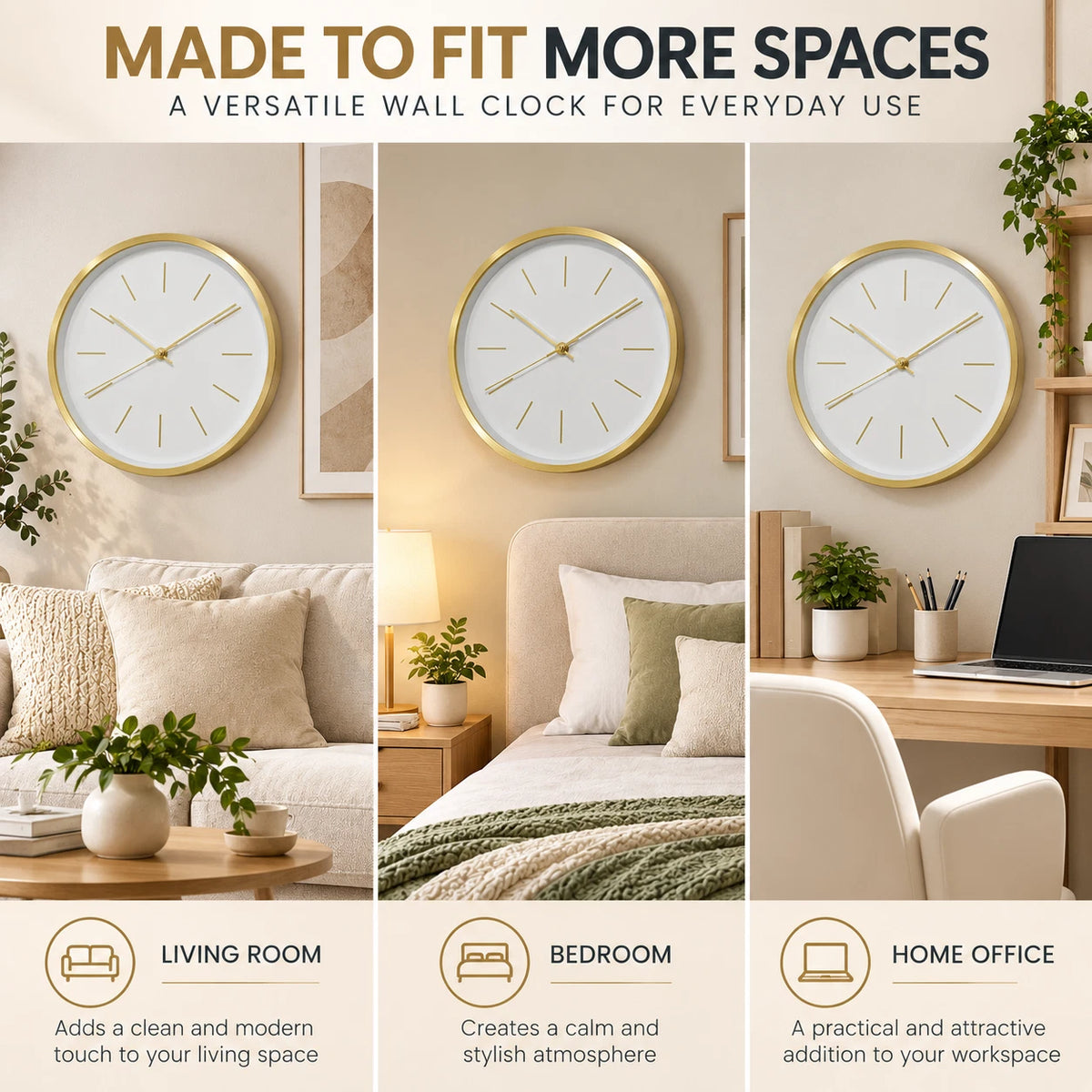 30cm Modern Wall Clock White Gold Minimalist Analogue Round Home Office Decor