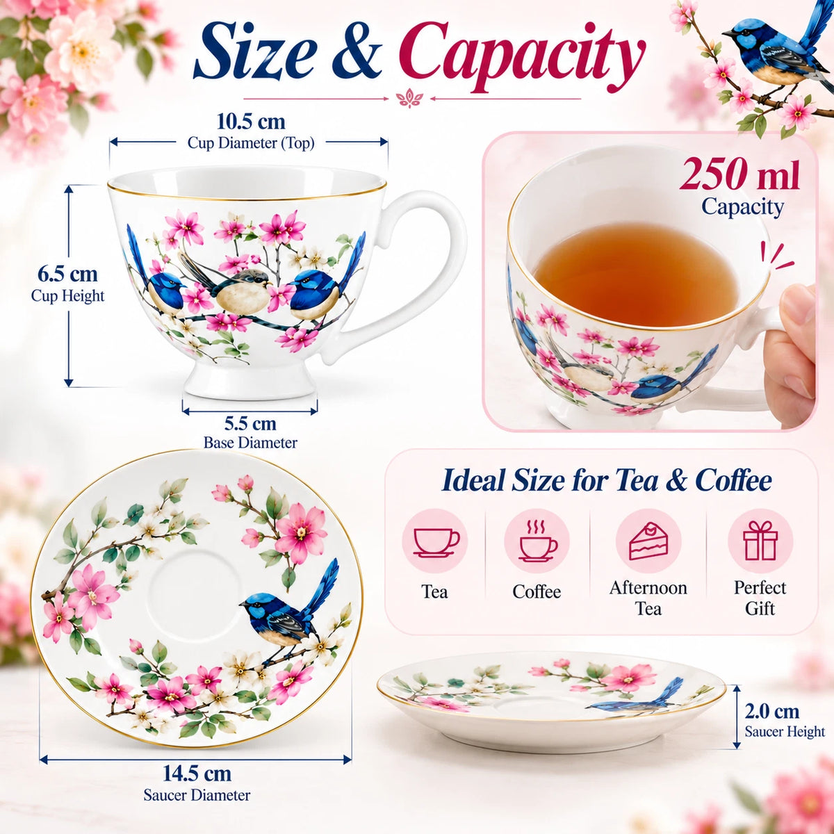 Set of 2 Cups & Saucers 250cc Australian Blue Wren Bird Fine Porcelain Gift Box