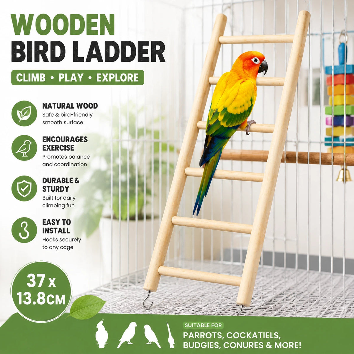Wooden Bird Ladder Toy 37x13.8cm Parrot Cage Climbing Perch Exercise Accessory