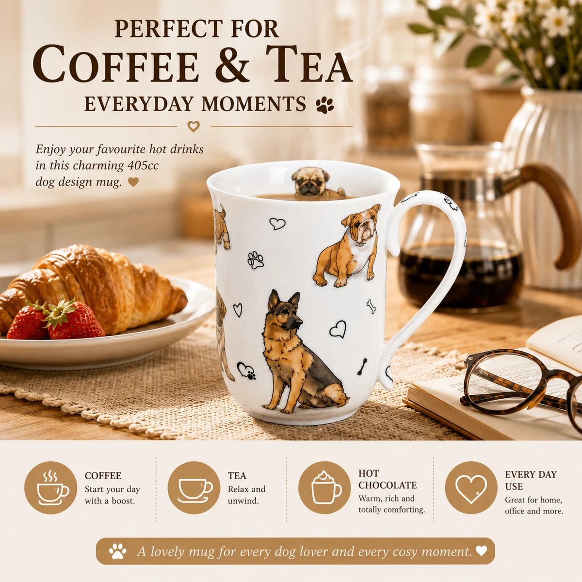 1-6x 405cc Cute Dog Fine Porcelain Mug Coffee Tea Cup Home Decor Gift Box