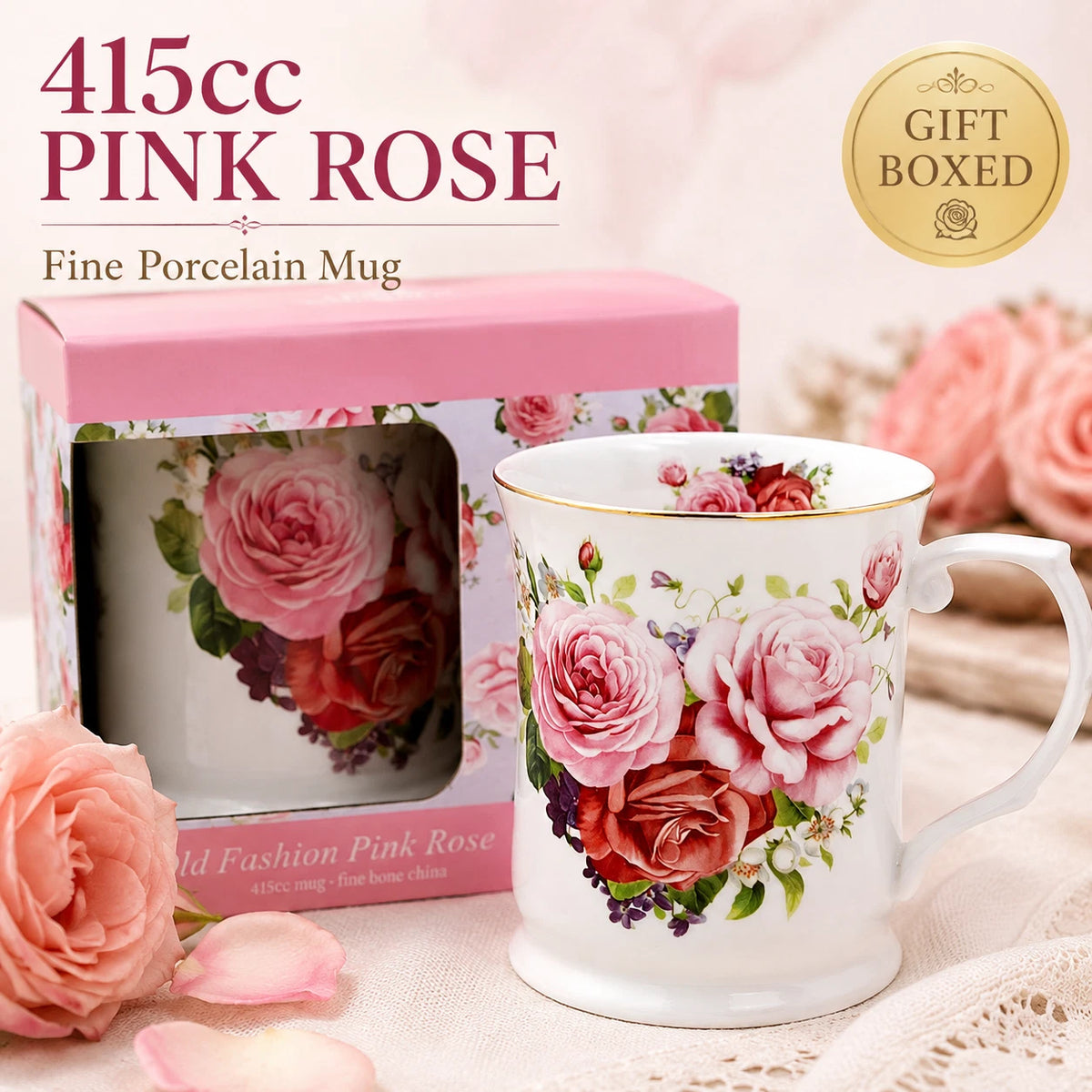 1-6x Vintage Pink Rose Mug 415ml Fine Porcelain Coffee Tea Cup Floral Gift