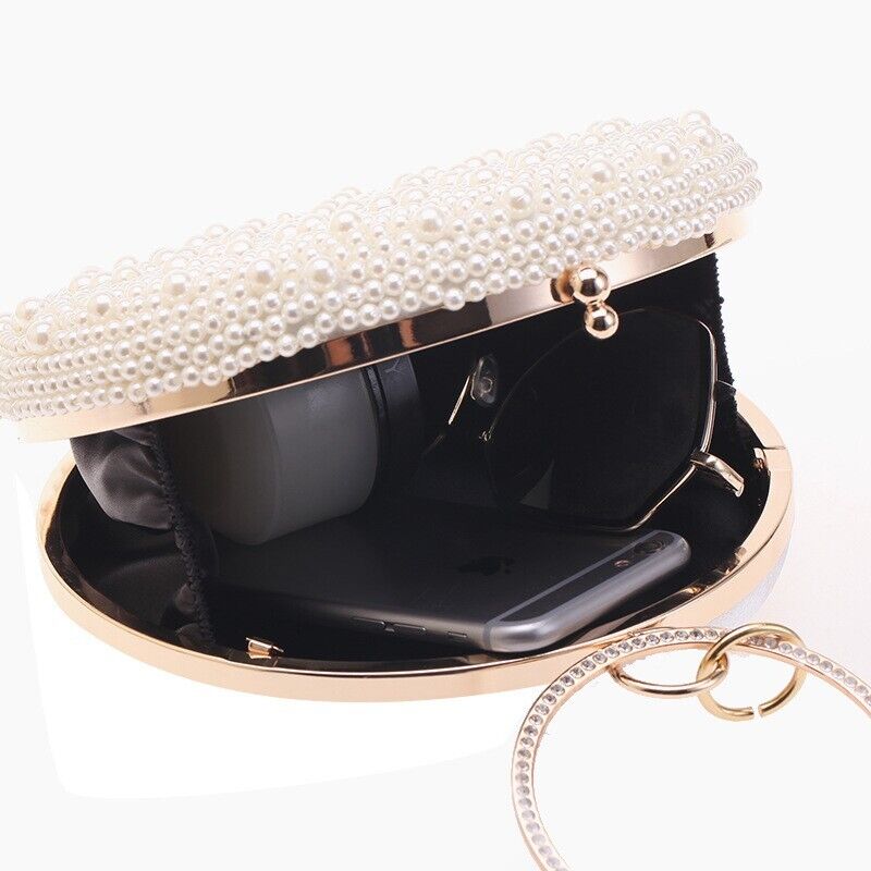 Fashion Woman Pearl Rhinestone Round Elegant Wedding Clutch Evening Party Bag