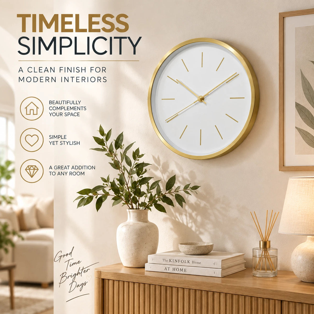 30cm Modern Wall Clock White Gold Minimalist Analogue Round Home Office Decor