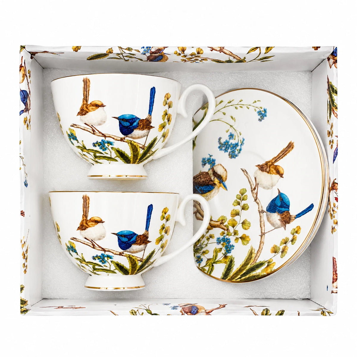 Set of 2 Cups & Saucers 250cc Australian Birds Blue Wren Fine Porcelain Gift Box