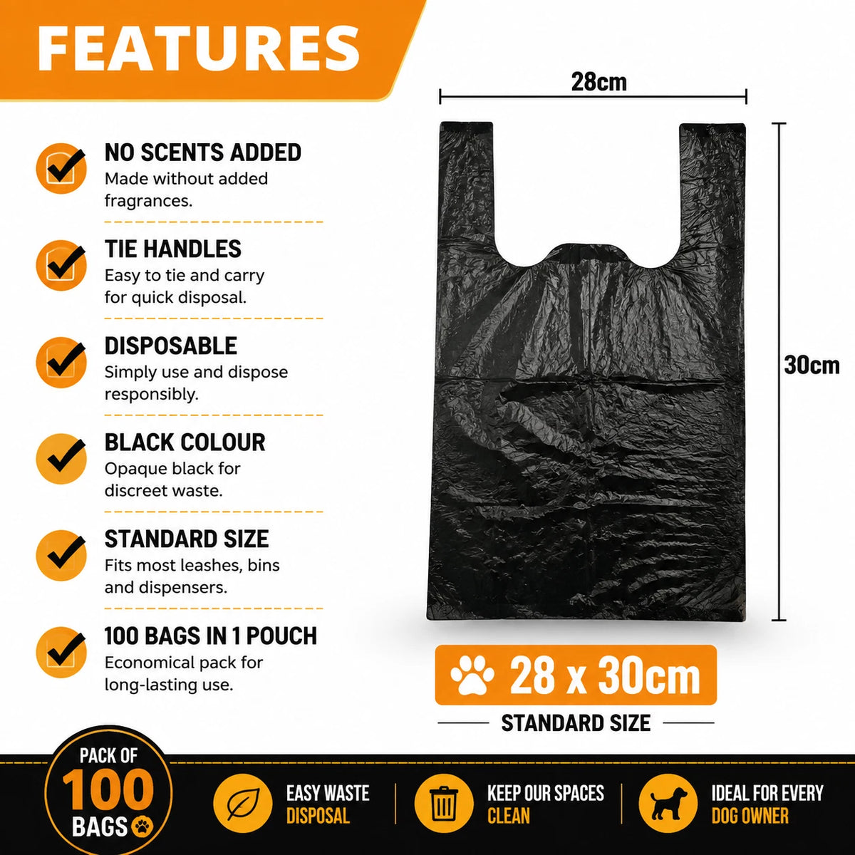 100x Dog Poop Bags Disposable Waste Bags Large 28x30cm T-Shirt Clean Up Black