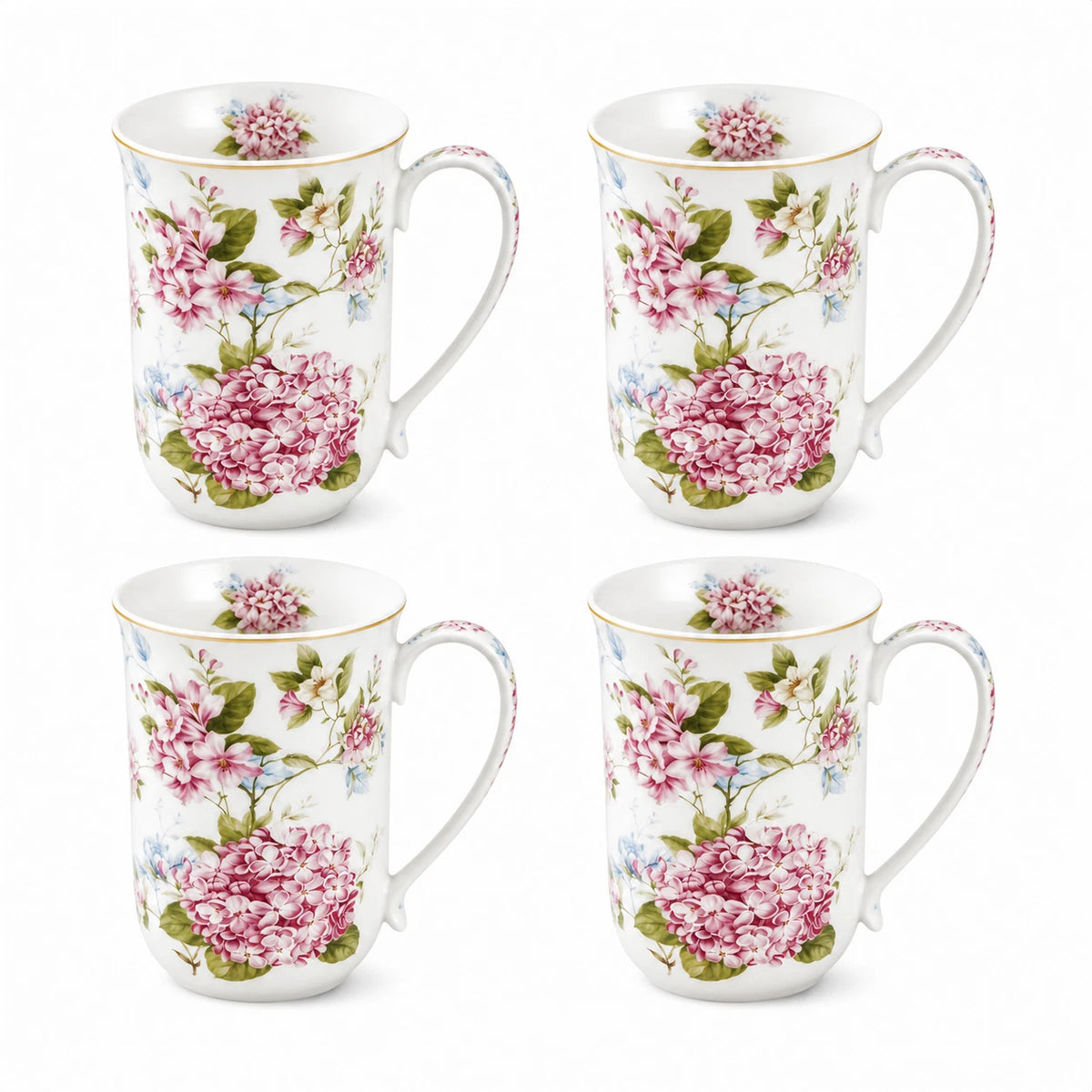 1-6x 405ml Fine Porcelain Mug Pink Hydrangea Floral Tea Coffee Cup Gift Home Office