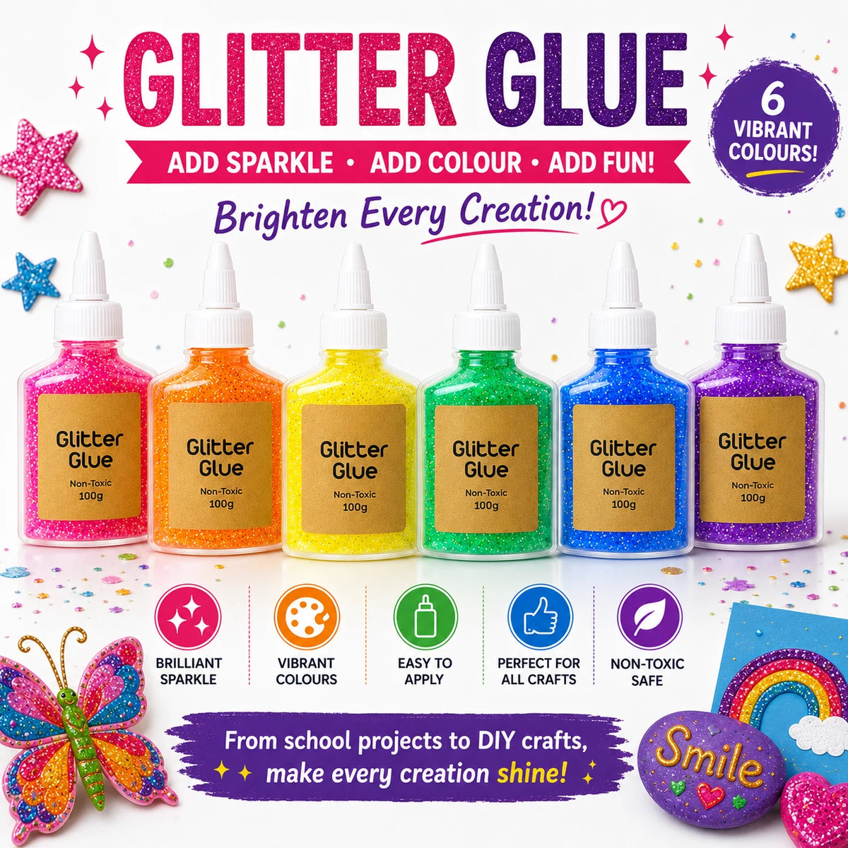 6 Pack 100g Glitter Glue Assorted Colours Sparkle Art Craft DIY Adhesive Decor