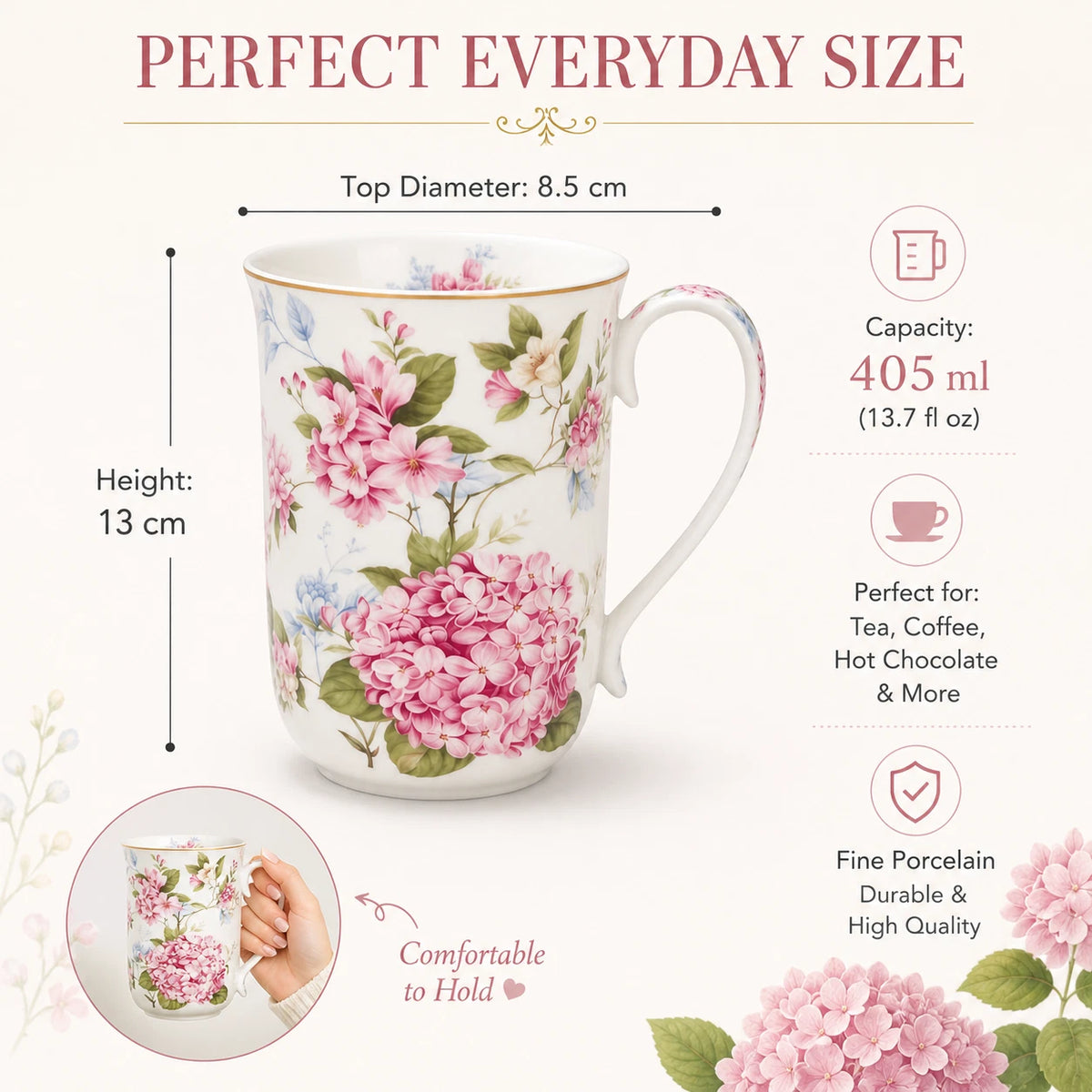 1-6x 405ml Fine Porcelain Mug Pink Hydrangea Floral Tea Coffee Cup Gift Home Office