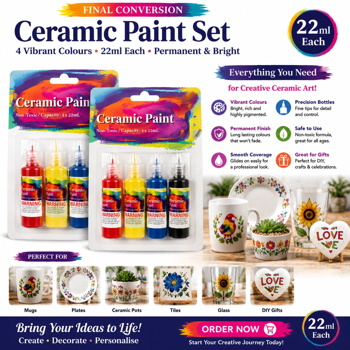 2 Pack Ceramic Paint Set 22ml Permanent Porcelain Mug Glass DIY Craft Art Colour