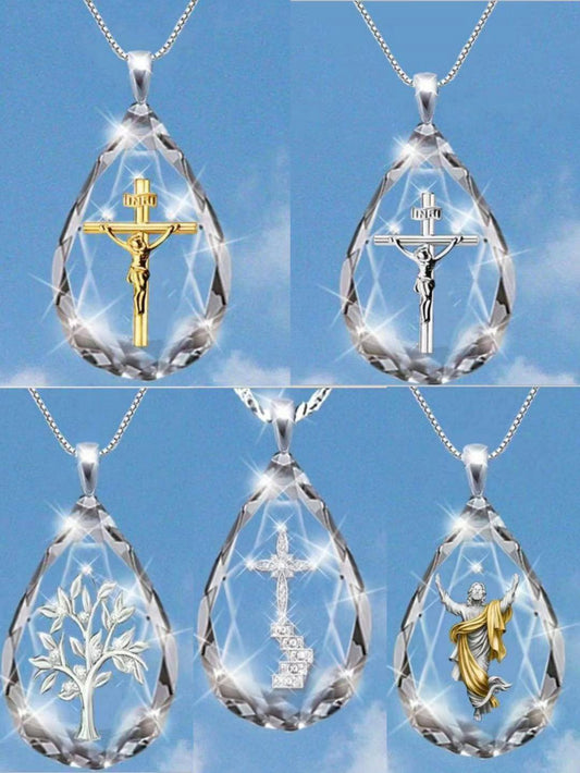 Jesus Cross Teardrop Crystal Necklace Stainless Steel Pendant Necklace gift