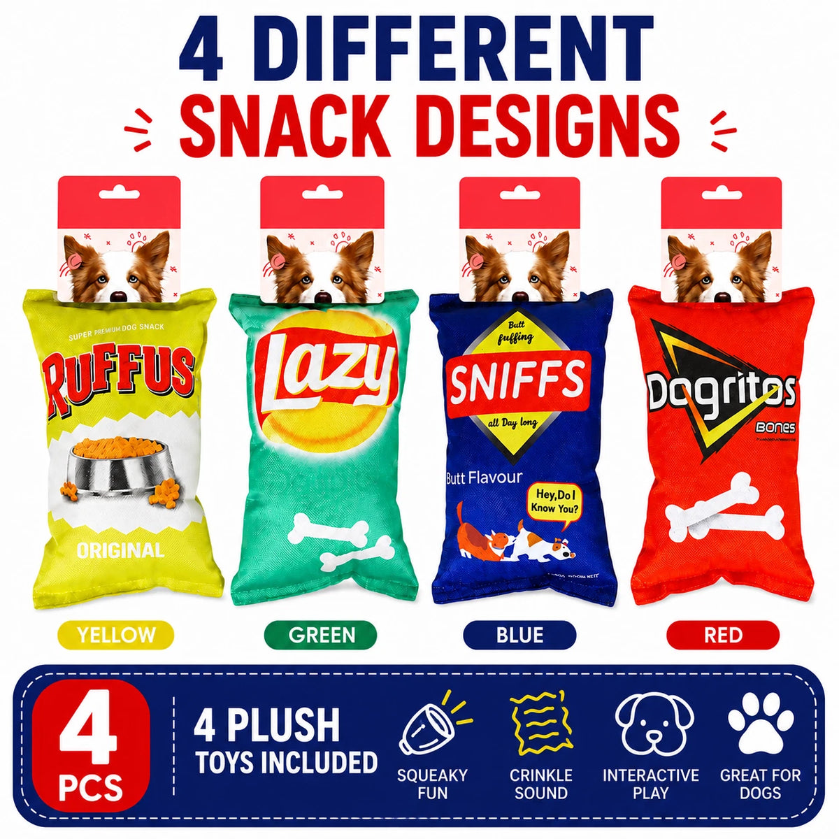 4PCS Crinkle Squeaky Dog Toys Plush Chip Bag Interactive Pet Puppy Chew Toy Soft