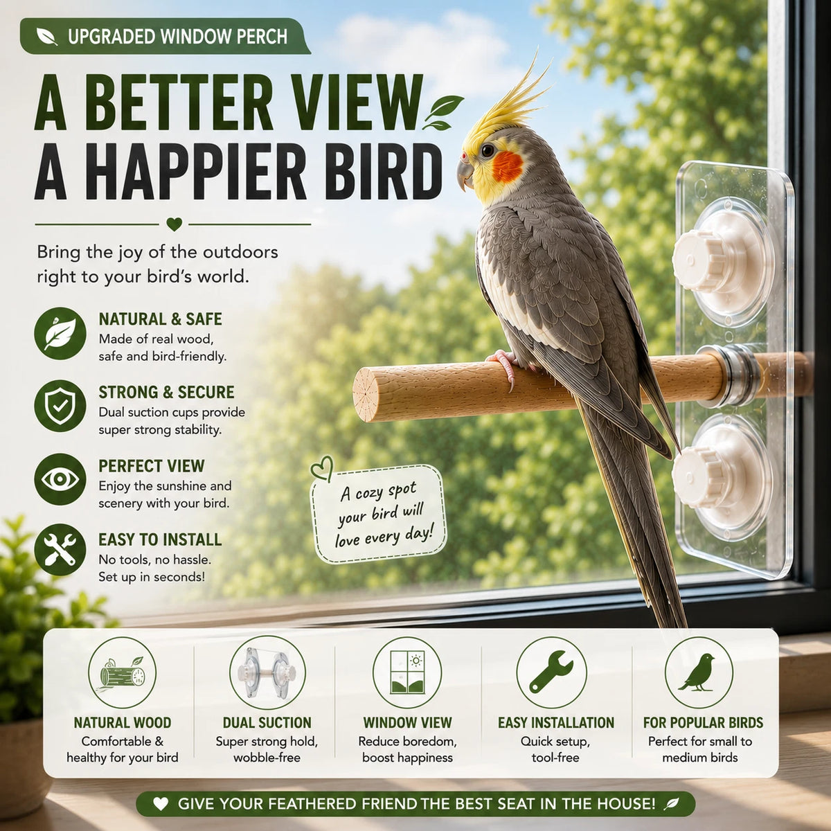 Natural Wood Bird Window Perch 25cm Suction Cup Seat Stand For Budgie Cockatiel