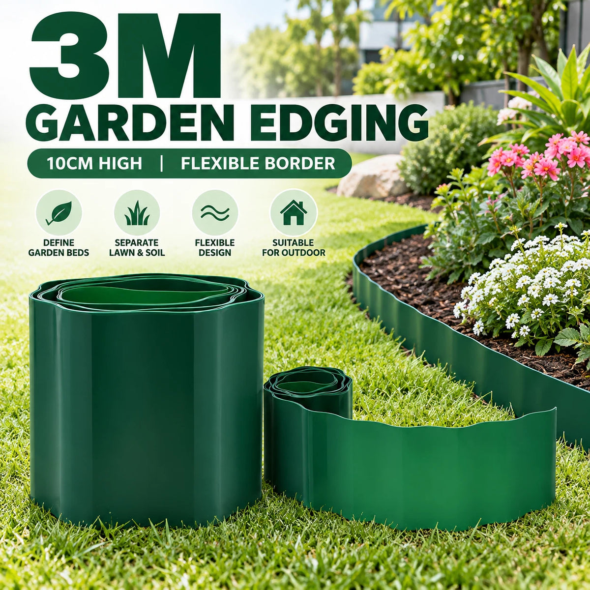 2 Pack 3M x 10CM Garden Edging Lawn Landscape Border Flexible Garden Bed Edge Green