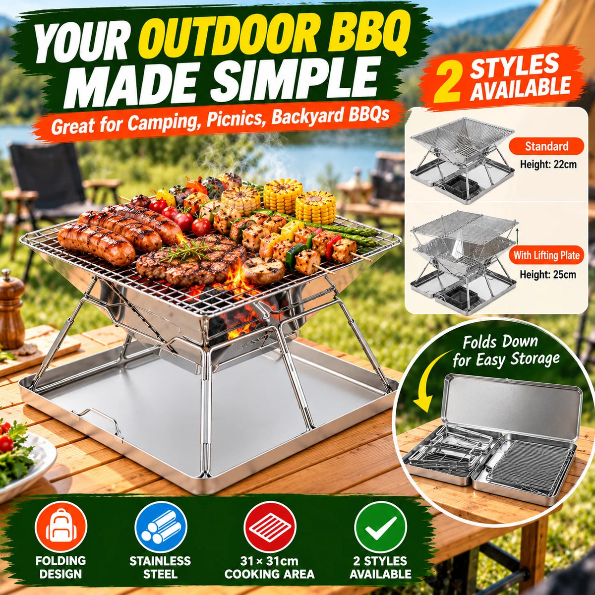 Portable Folding Charcoal BBQ Grill Stainless Steel Camping Outdoor Barbecue Set