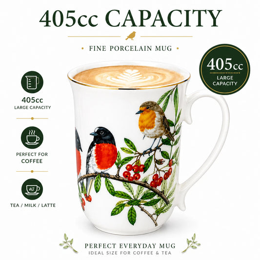 1-6x Red Breasted Robin Bird Mug 405cc Fine Porcelain Coffee Tea Cup Gift Box