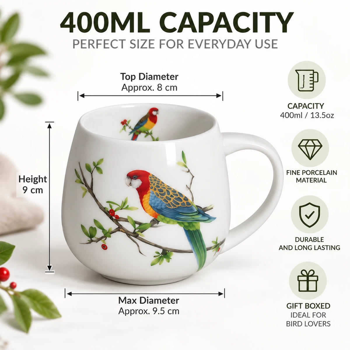 1-6X 400ml Rosella Australian Bird Fine Porcelain Coffee Tea Mug Cup Gift Boxed