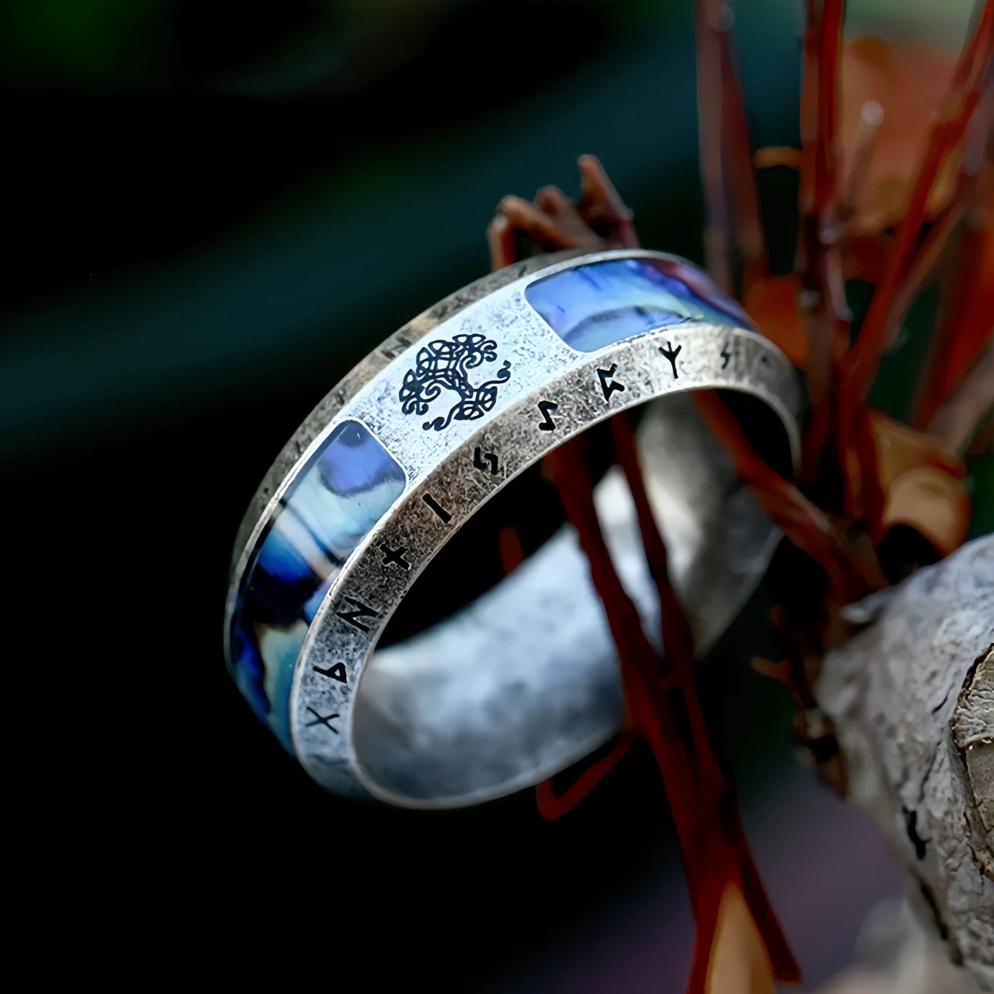 Men Viking Tree of Life Ring Abalone Nordic Engraved Rune Yggdrasil Symbol Band R351