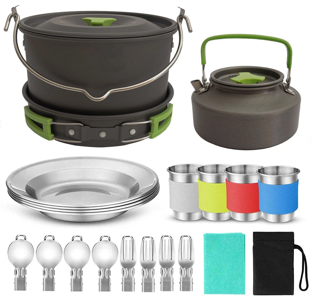 Camping Cookware Set 4 Person Outdoor Cooking Pot Pan Kettle Picnic Hiking Kit