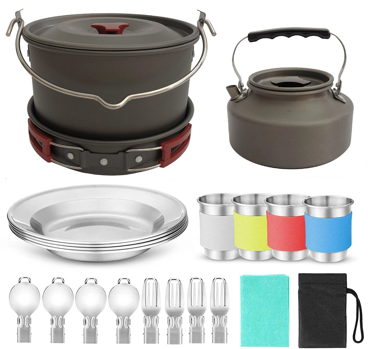 Camping Cookware Set 4 Person Outdoor Cooking Pot Pan Kettle Picnic Hiking Kit