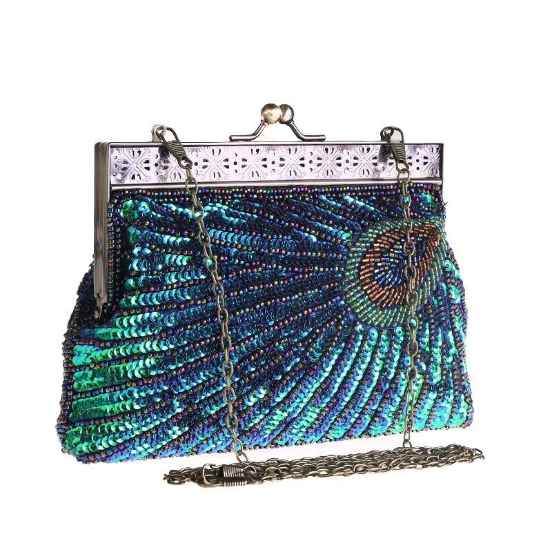 Women Bridal Metal Frame Sequined Bead Party Wedding Handbag Prom Evening Clutch