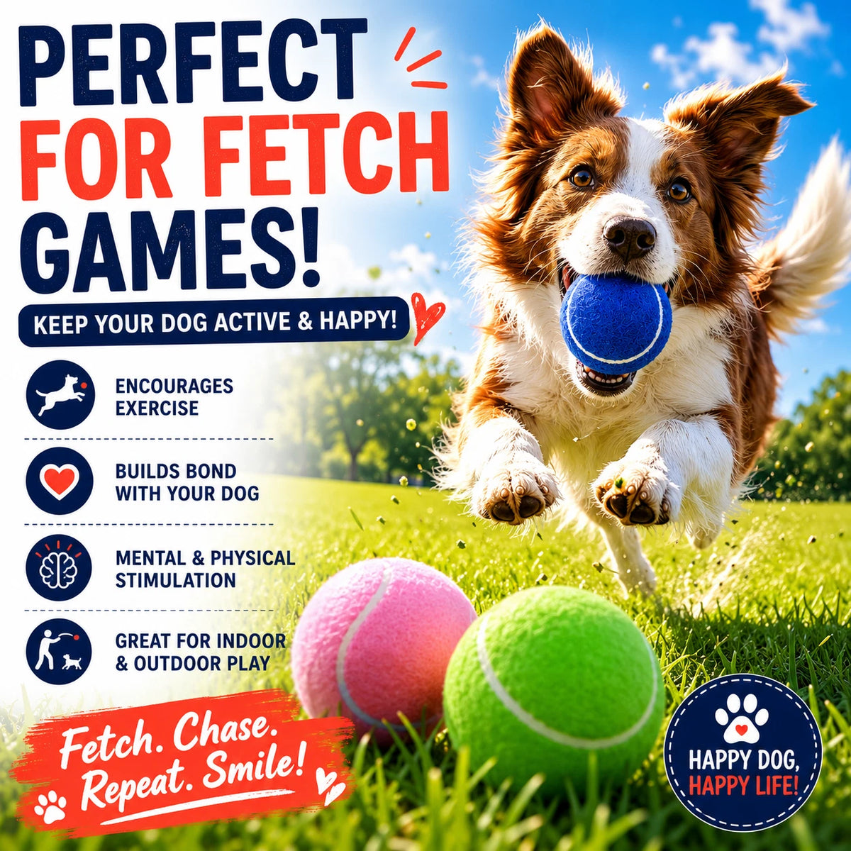 3 PCS Dog Tennis Balls 7cm Pet Toy Ball Bouncy Chew Fetch Play Puppy Training