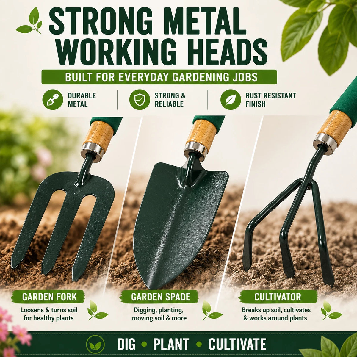 3 Pieces Garden Tool Set Hand Trowel Fork Cultivator Digging Planting Weeding