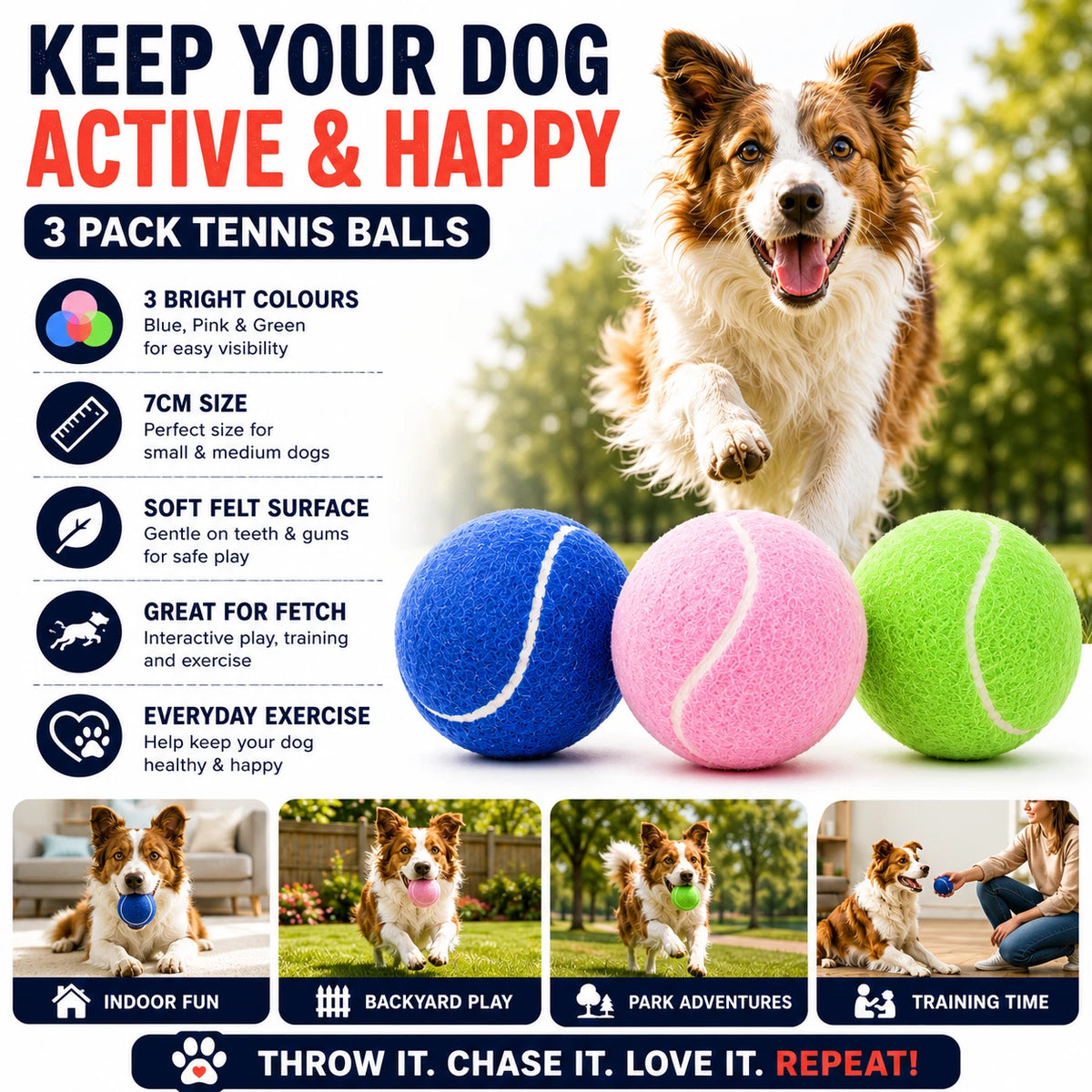 3 PCS Dog Tennis Balls 7cm Pet Toy Ball Bouncy Chew Fetch Play Puppy Training