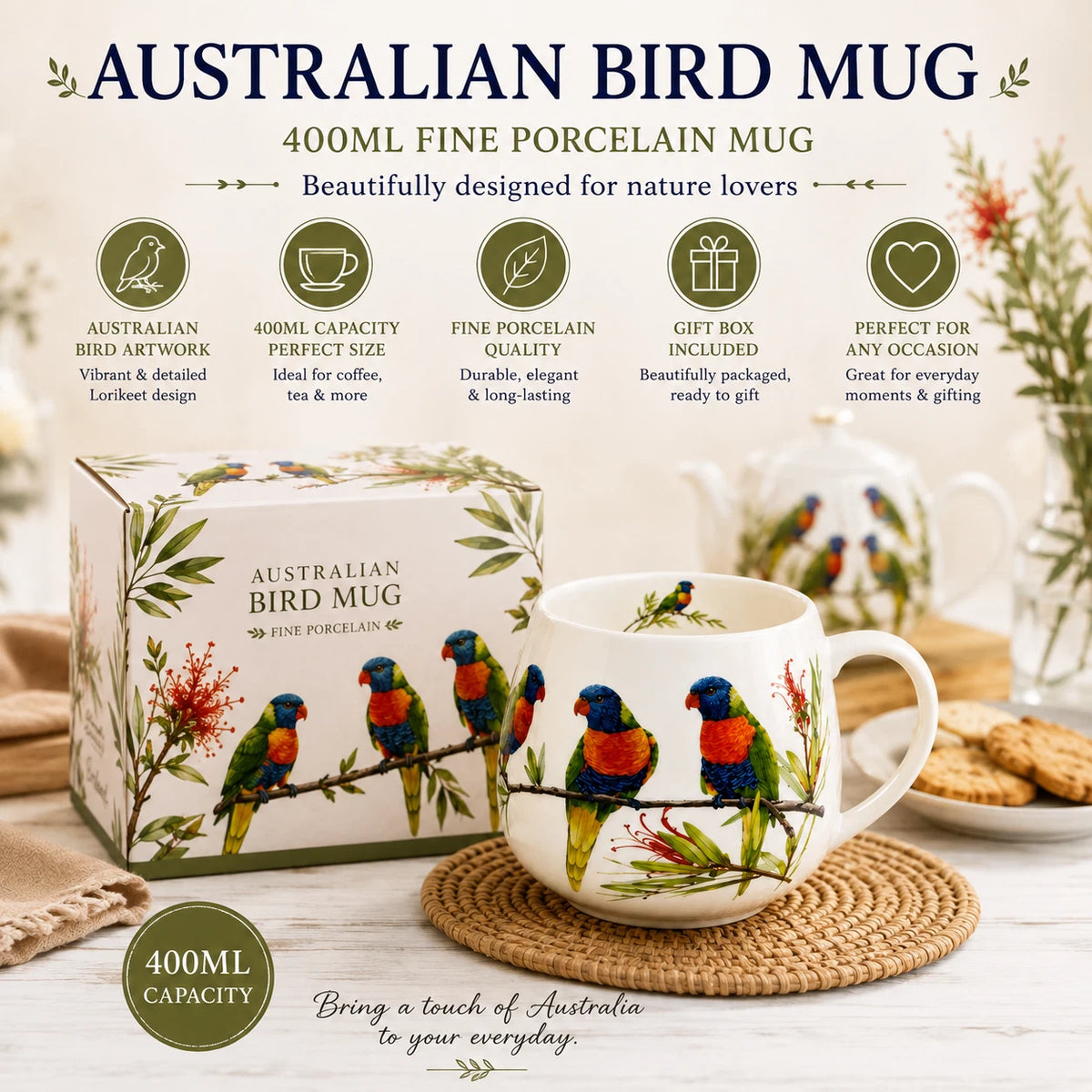 1-6x Rainbow Lorikeet Mug 400ml Fine Porcelain Australian Bird Coffee Tea Cup Gift