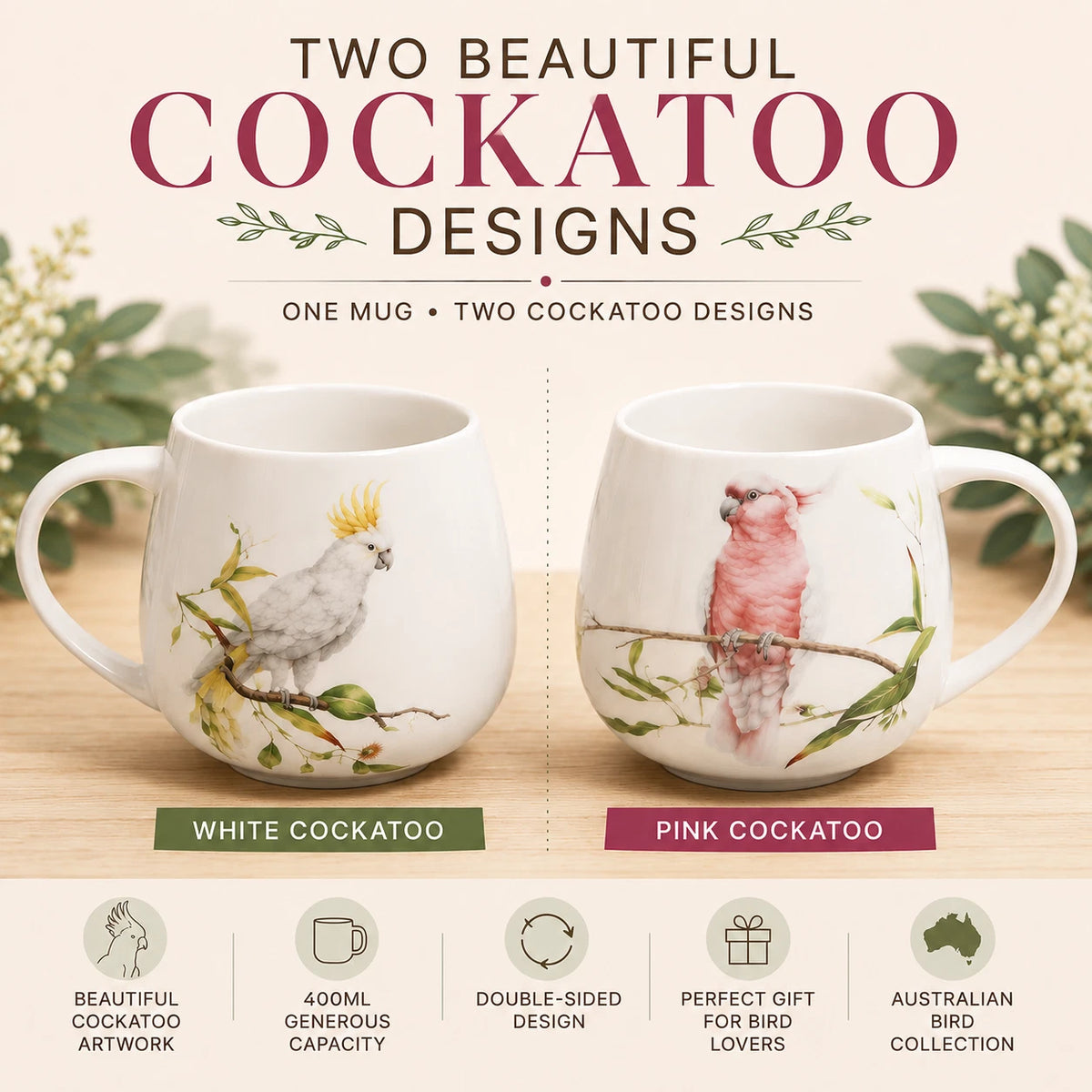1-6x Australia Bird 400cc Fine Porcelain Coffee Mug Cockatoo Pink Yellow Tea Cup Gift