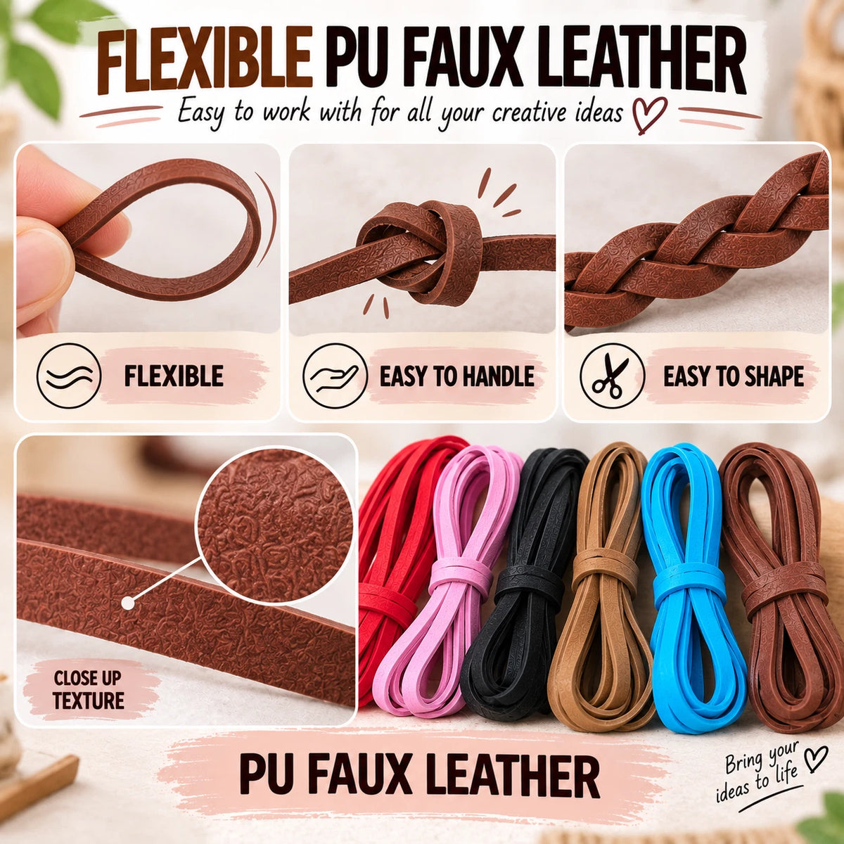 PU Faux Leather Cord Strips 1M x 3mm Jewellery Making DIY Craft 4 Pack
