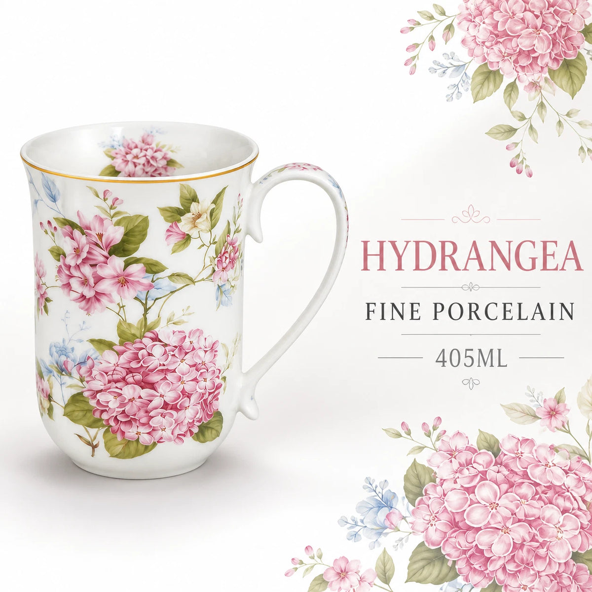 1-6x 405ml Fine Porcelain Mug Pink Hydrangea Floral Tea Coffee Cup Gift Home Office