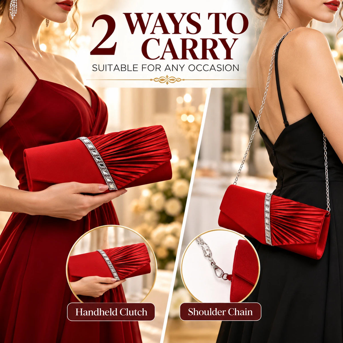 Women Satin Pleated Diamante Evening Clutch Bag Wedding Bridal Party Chain Bags 8 Colour
